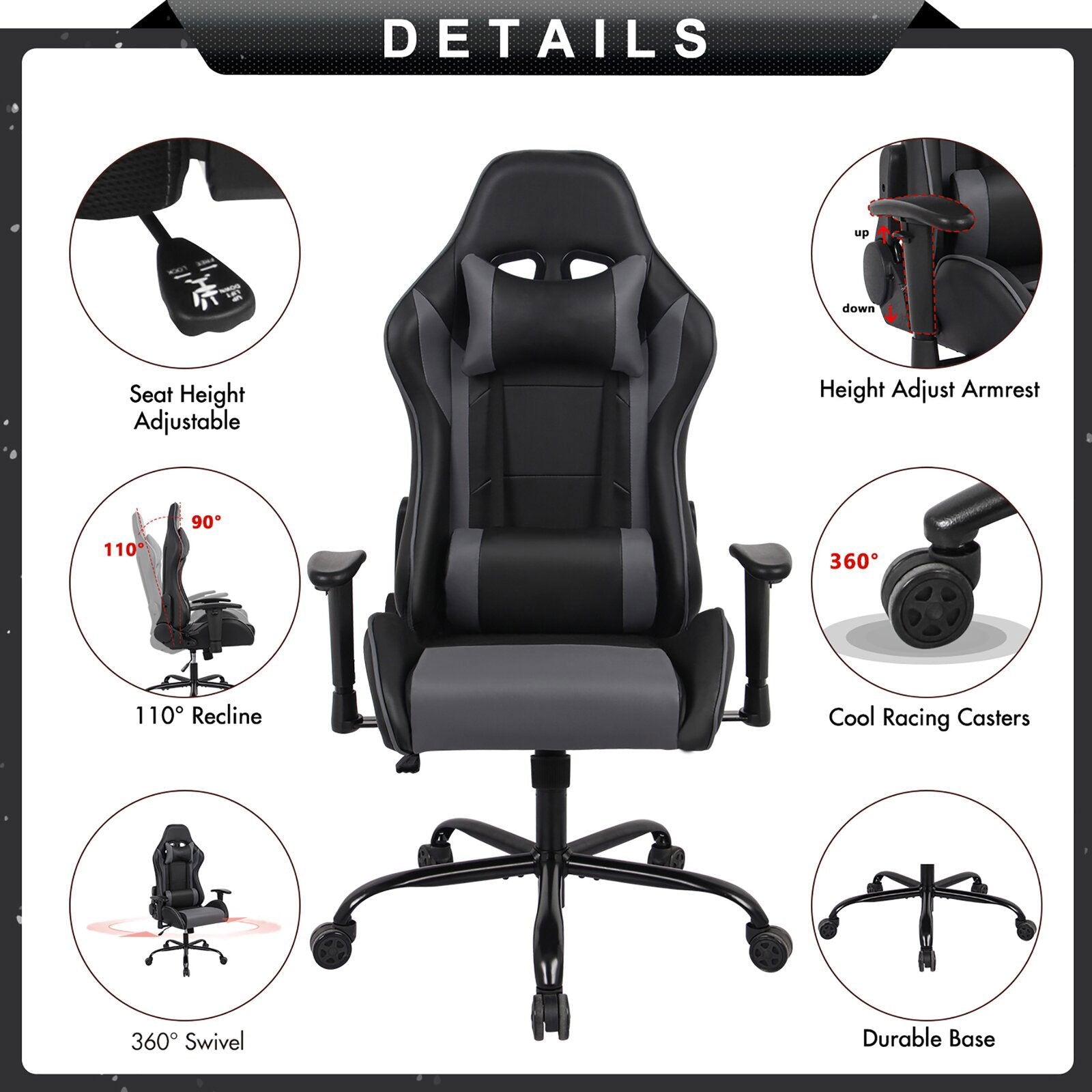 Gaming Chair with Metal Caster Swivel & Wheel Base -