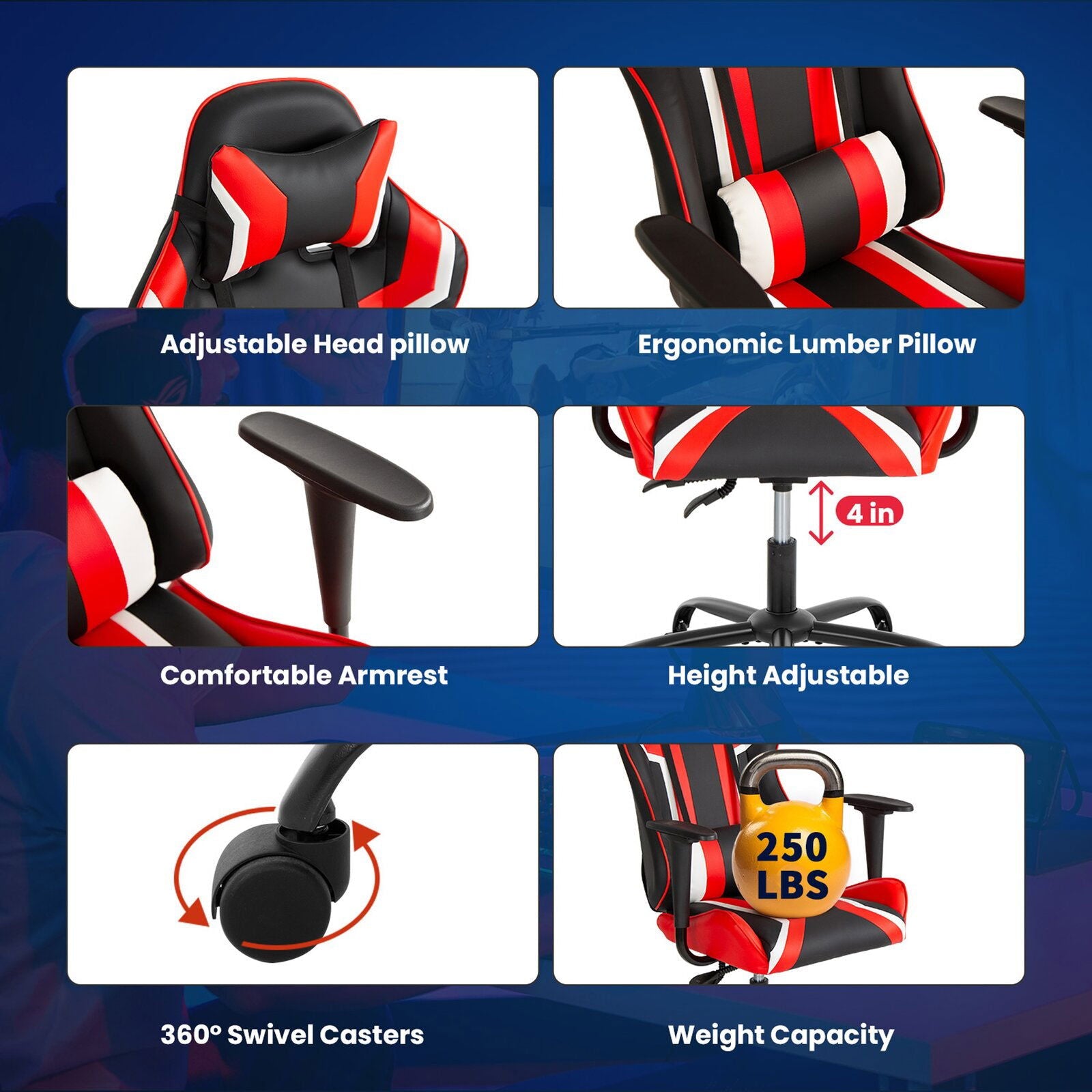 Gaming Chair with Metal Caster Swivel & Wheel Base -