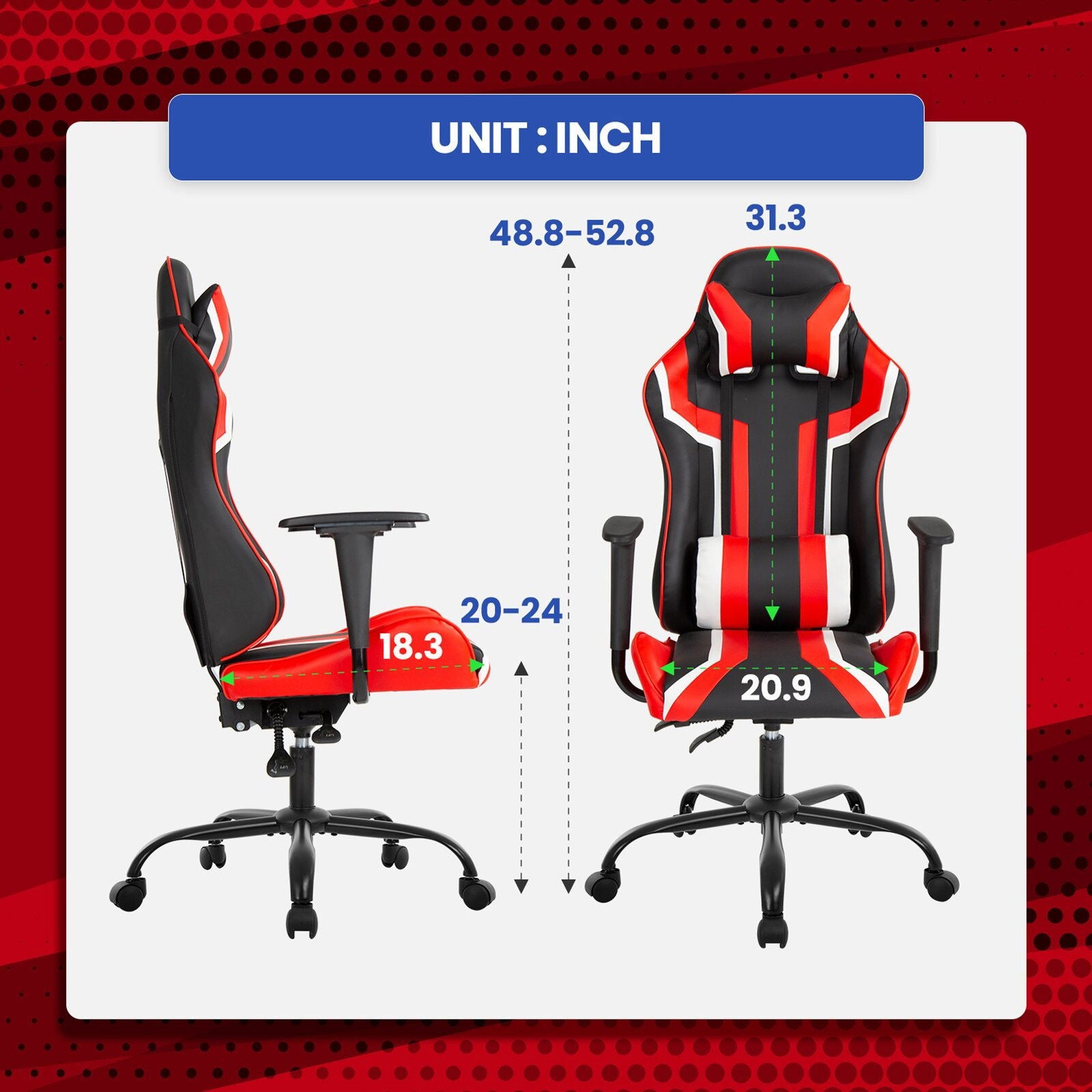 Gaming Chair with Metal Caster Swivel & Wheel Base -