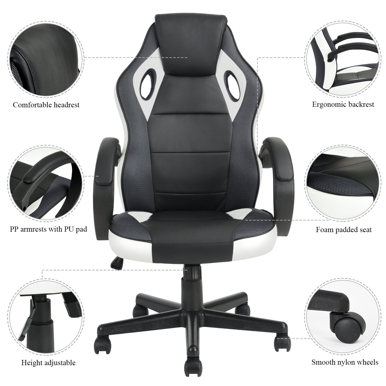 Gaming Chair with Nylon Caster Swivel & Wheel Base -