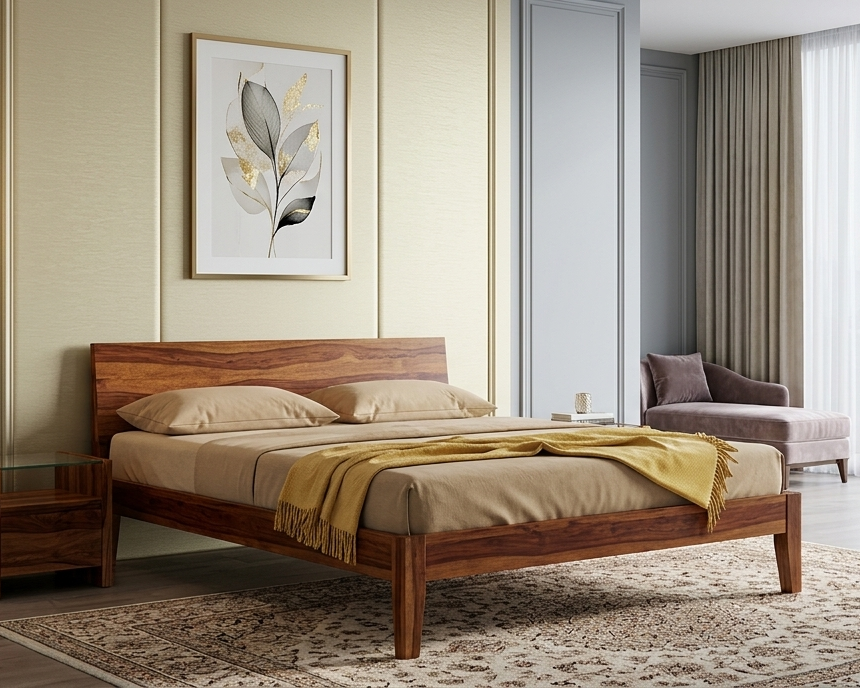 Royal Queen Size Bed in Premium Solid Teakwood with Natural Grain Headboard, Low-Profile Platform Frame, and Tapered Hardwood Legs