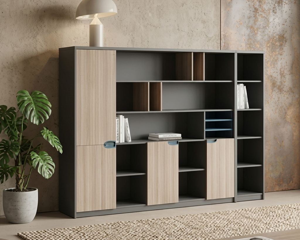 Office Library Wall Storage System with 4 Doors, Multi-Tier Bookshelf Organizers, and Integrated File Bin Cubbies in Charcoal and Light Oak Particle Board