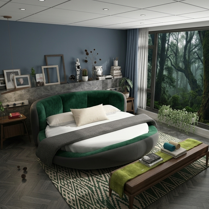 Luxury Round Bed in Premium Velvet &amp; Leatherette Upholstery with Ergonomic Curved Headboard, Heavy-Duty Hydraulic Storage