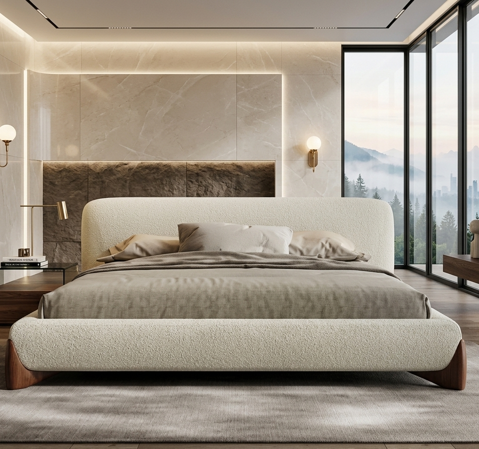 King Size Low-Profile Platform Bed in Premium Cream Bouclé Fabric with Curved Soft-Touch Headboard, Solid Teakwood Corner Accents &amp; Optional Hydraulic Storage