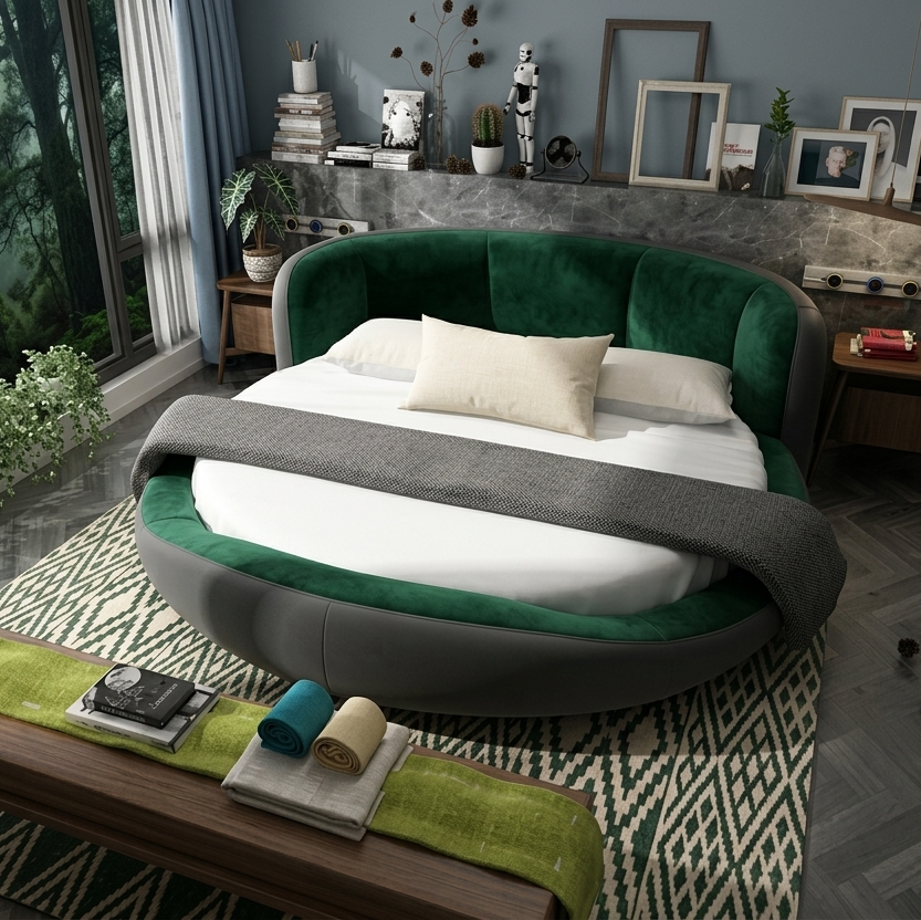 Luxury Round Bed in Premium Velvet &amp; Leatherette Upholstery with Ergonomic Curved Headboard, Heavy-Duty Hydraulic Storage