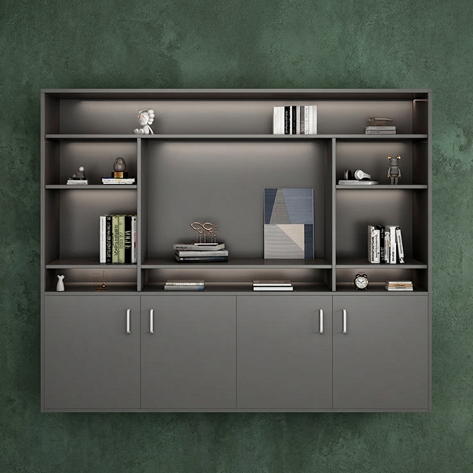 Grand Executive Wall Cabinet with Open Doors Storage, with Multi-Tier Bookshelf, and High-Capacity Office Bin Storage in Premium Particle Board