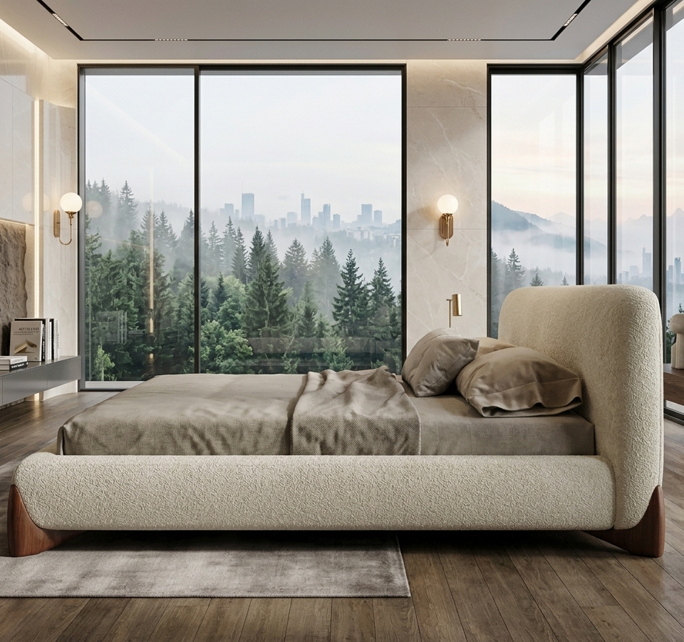 King Size Low-Profile Platform Bed in Premium Cream Bouclé Fabric with Curved Soft-Touch Headboard, Solid Teakwood Corner Accents &amp; Optional Hydraulic Storage