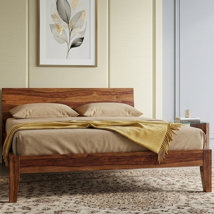 Royal Queen Size Bed in Premium Solid Teakwood with Natural Grain Headboard, Low-Profile Platform Frame, and Tapered Hardwood Legs