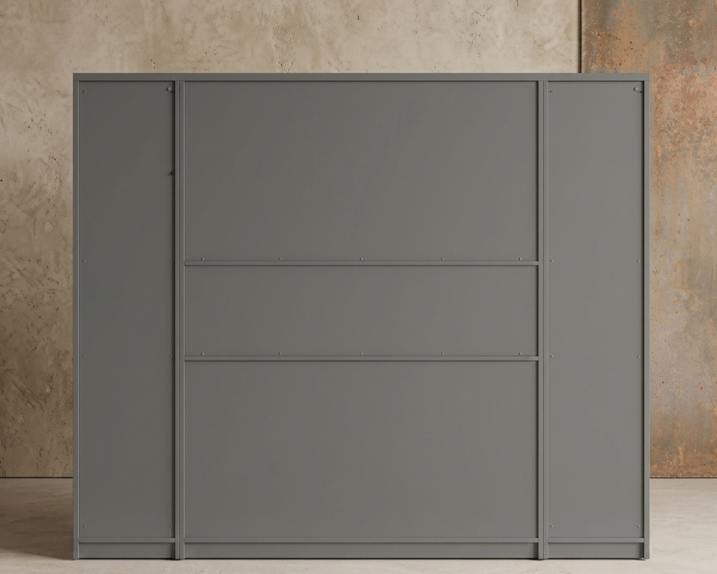 Office Library Wall Storage System with 4 Doors, Multi-Tier Bookshelf Organizers, and Integrated File Bin Cubbies in Charcoal and Light Oak Particle Board