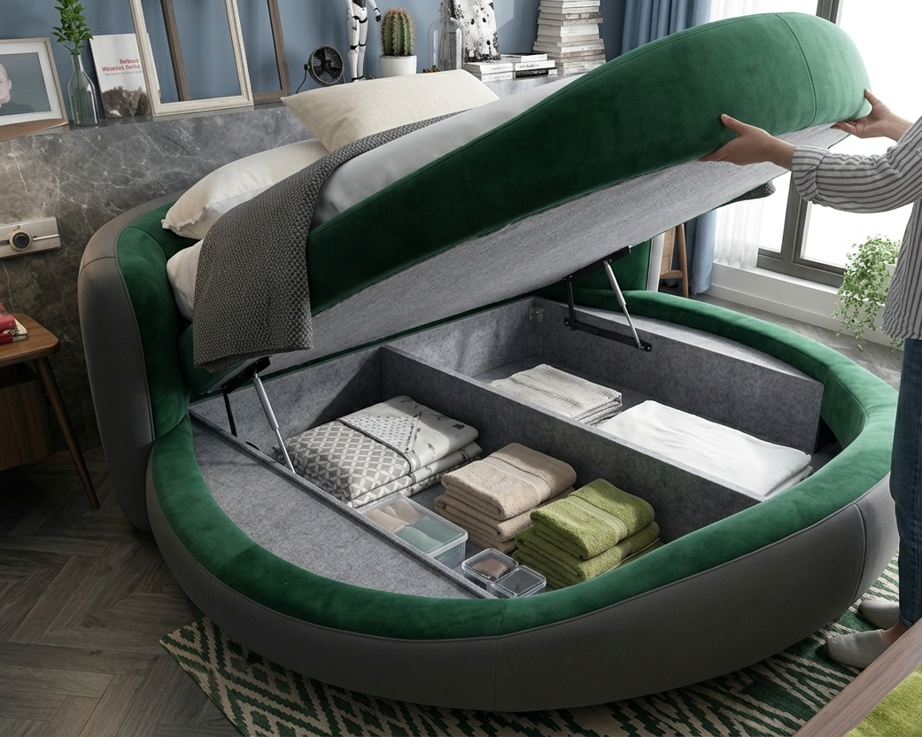 Luxury Round Bed in Premium Velvet &amp; Leatherette Upholstery with Ergonomic Curved Headboard, Heavy-Duty Hydraulic Storage