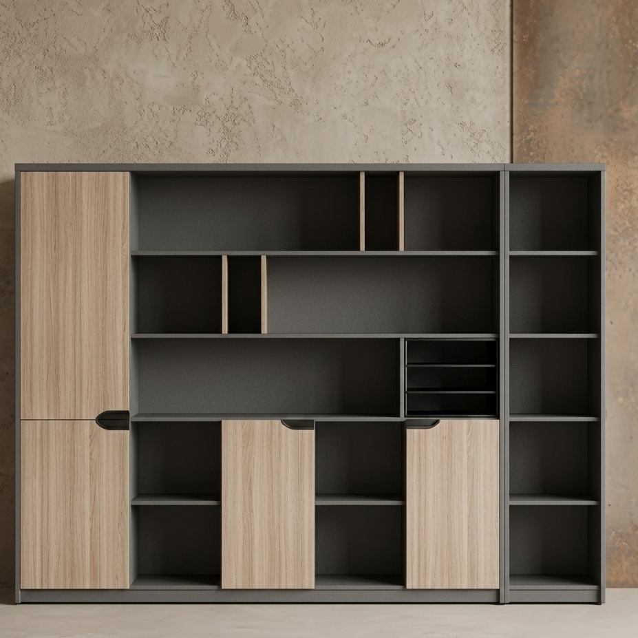 Office Library Wall Storage System with 4 Doors, Multi-Tier Bookshelf Organizers, and Integrated File Bin Cubbies in Charcoal and Light Oak Particle Board