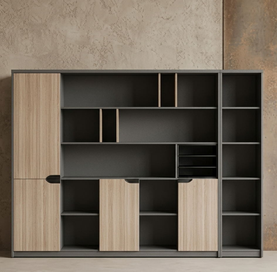 Office Library Wall Storage System with 4 Doors, Multi-Tier Bookshelf Organizers, and Integrated File Bin Cubbies in Charcoal and Light Oak Particle Board