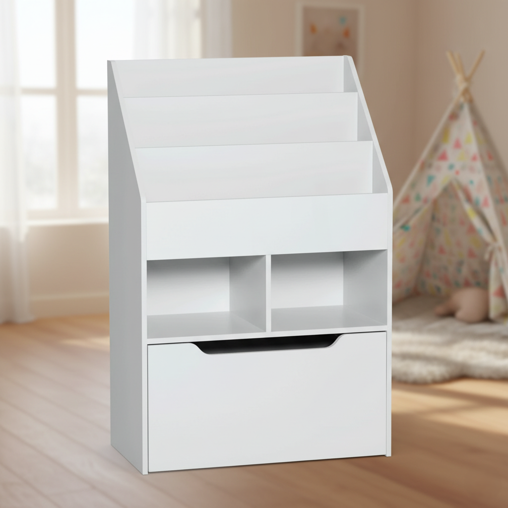 Modern White Kids Bookcase with Tiered Book Display and Storage Compartments - Wooden Children’s Bookshelf Organizer for Bedroom, Nursery and Playroom