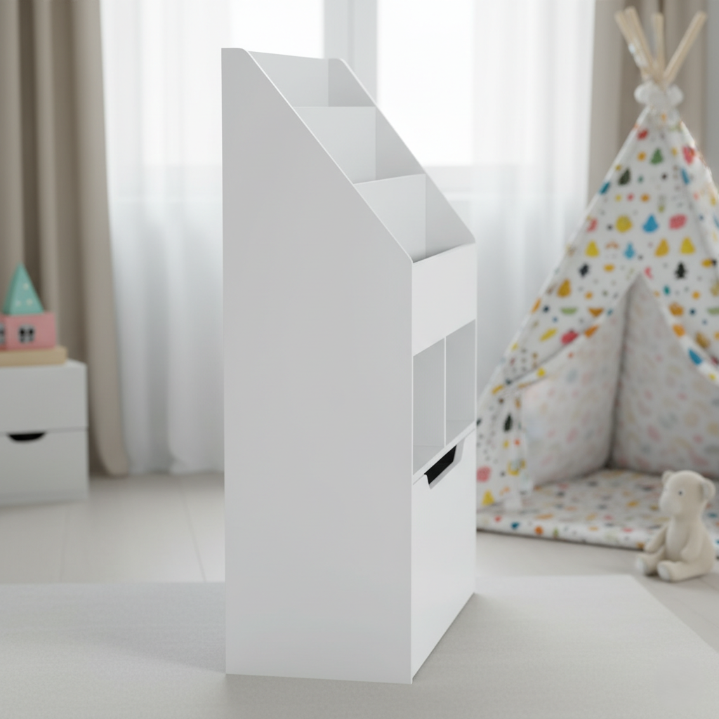 Modern White Kids Bookcase with Tiered Book Display and Storage Compartments - Wooden Children’s Bookshelf Organizer for Bedroom, Nursery and Playroom