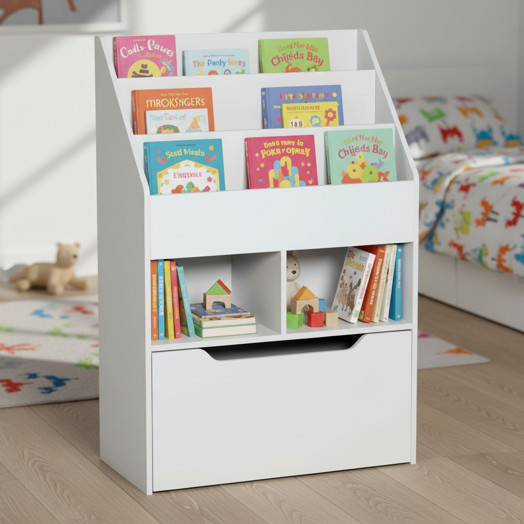 Modern White Kids Bookcase with Tiered Book Display and Storage Compartments - Wooden Children’s Bookshelf Organizer for Bedroom, Nursery and Playroom