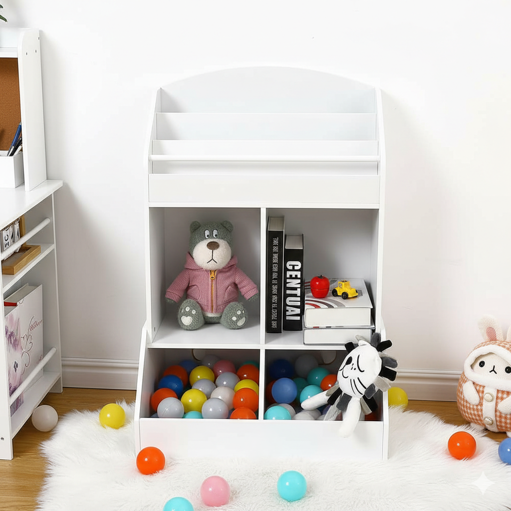 Modern White Kids Bookcase with Front Book Display, Open Storage Cubes and Deep Toy Organizer Bins – Wooden Children’s Bookshelf for Bedroom and Playroom