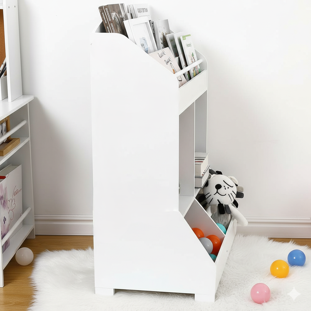 Modern White Kids Bookcase with Front Book Display, Open Storage Cubes and Deep Toy Organizer Bins – Wooden Children’s Bookshelf for Bedroom and Playroom