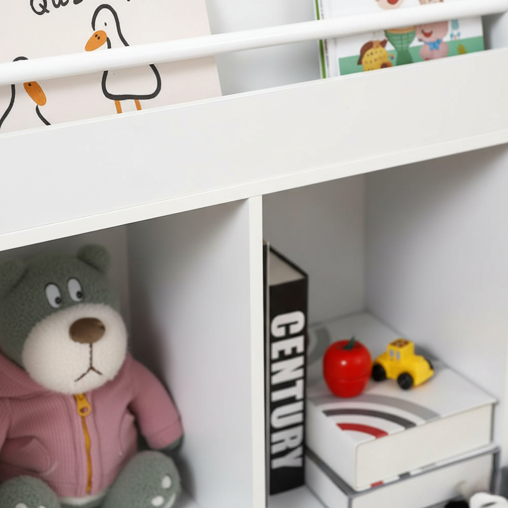 Modern White Kids Bookcase with Front Book Display, Open Storage Cubes and Deep Toy Organizer Bins – Wooden Children’s Bookshelf for Bedroom and Playroom