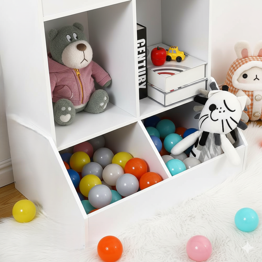 Modern White Kids Bookcase with Front Book Display, Open Storage Cubes and Deep Toy Organizer Bins – Wooden Children’s Bookshelf for Bedroom and Playroom