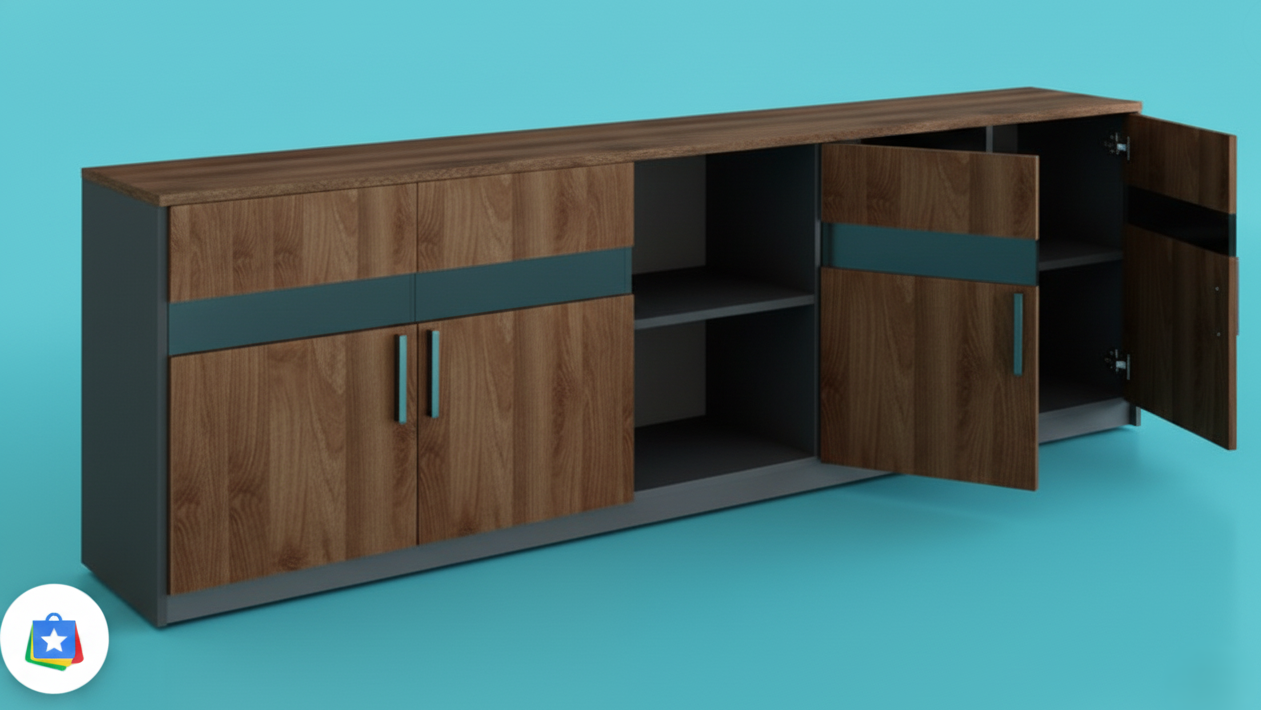 Office Sideboard and Storage Credenza with Multi-Door Cabinets, Open Media Shelving, and Premium Walnut Laminate Finish on High-Grade MDF