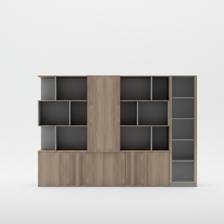 Executive Office Wall Storage System with Display Tower, Multi-Tier Open Bookshelf, Lower Storage Cabinets in Premium Walnut and Grey MDF