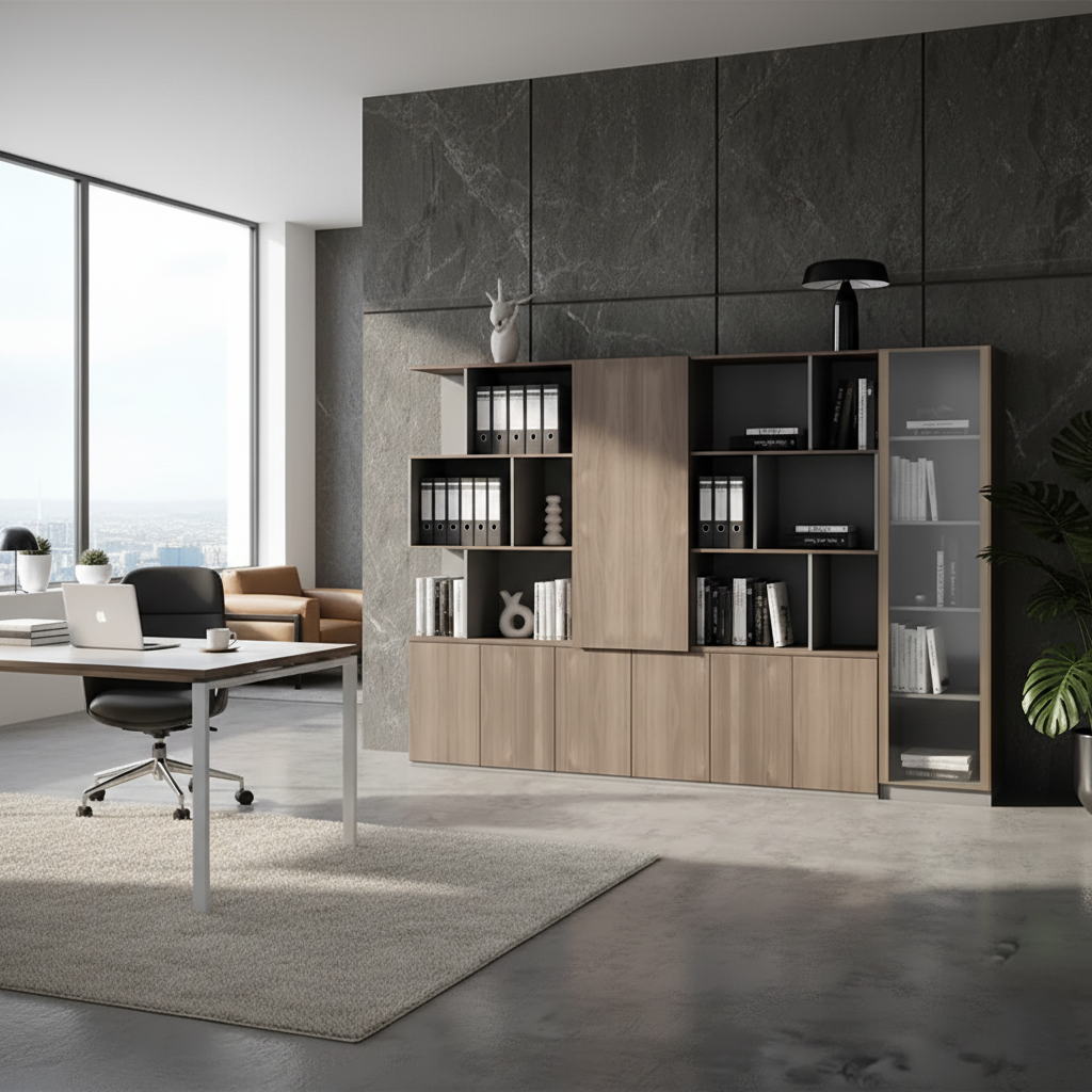 Executive Office Wall Storage System with Display Tower, Multi-Tier Open Bookshelf, Lower Storage Cabinets in Premium Walnut and Grey MDF