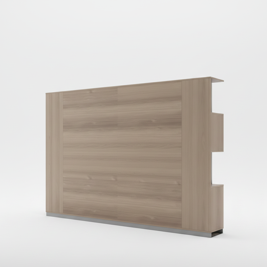 Executive Office Wall Storage System with Display Tower, Multi-Tier Open Bookshelf, Lower Storage Cabinets in Premium Walnut and Grey MDF