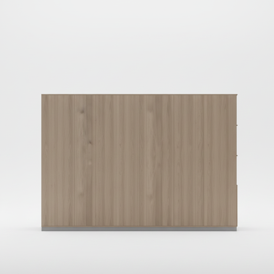 Executive Office Wall Storage System with Display Tower, Multi-Tier Open Bookshelf, Lower Storage Cabinets in Premium Walnut and Grey MDF
