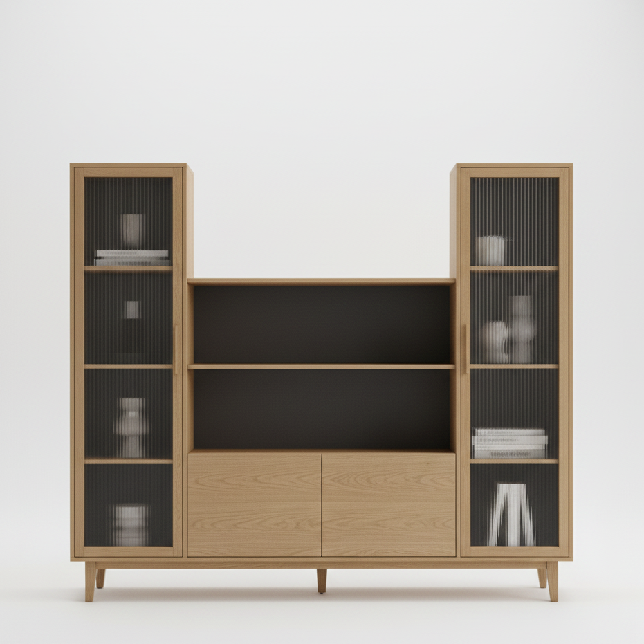 Office Library Wall Unit with Dual Glass-Front Display Towers, Open Media Shelving, and Six-Door Lower Storage Console in Premium