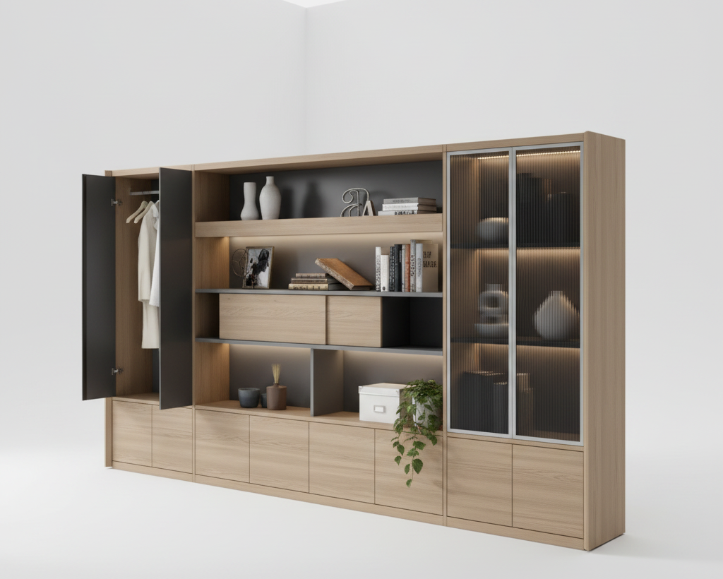 Executive Wall Storage System with Multi-Tier Open Display Shelving, and Tinted Glass Showcase in Premium Dark Walnut and Matte Grey MDF