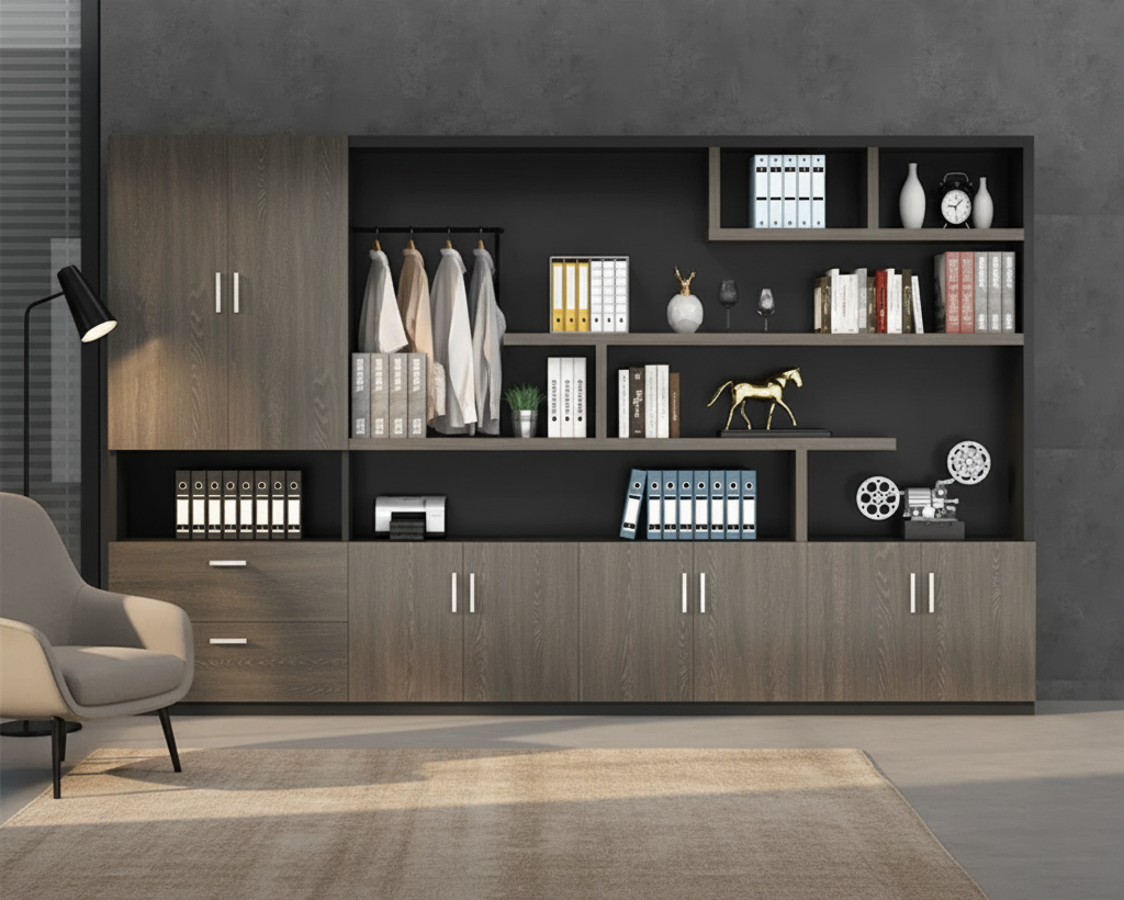 Executive Office Wall Unit with Open Display Shelving, Two Utility Drawers, and Six-Door Lower Storage Cabinets in Premium Dark Walnut