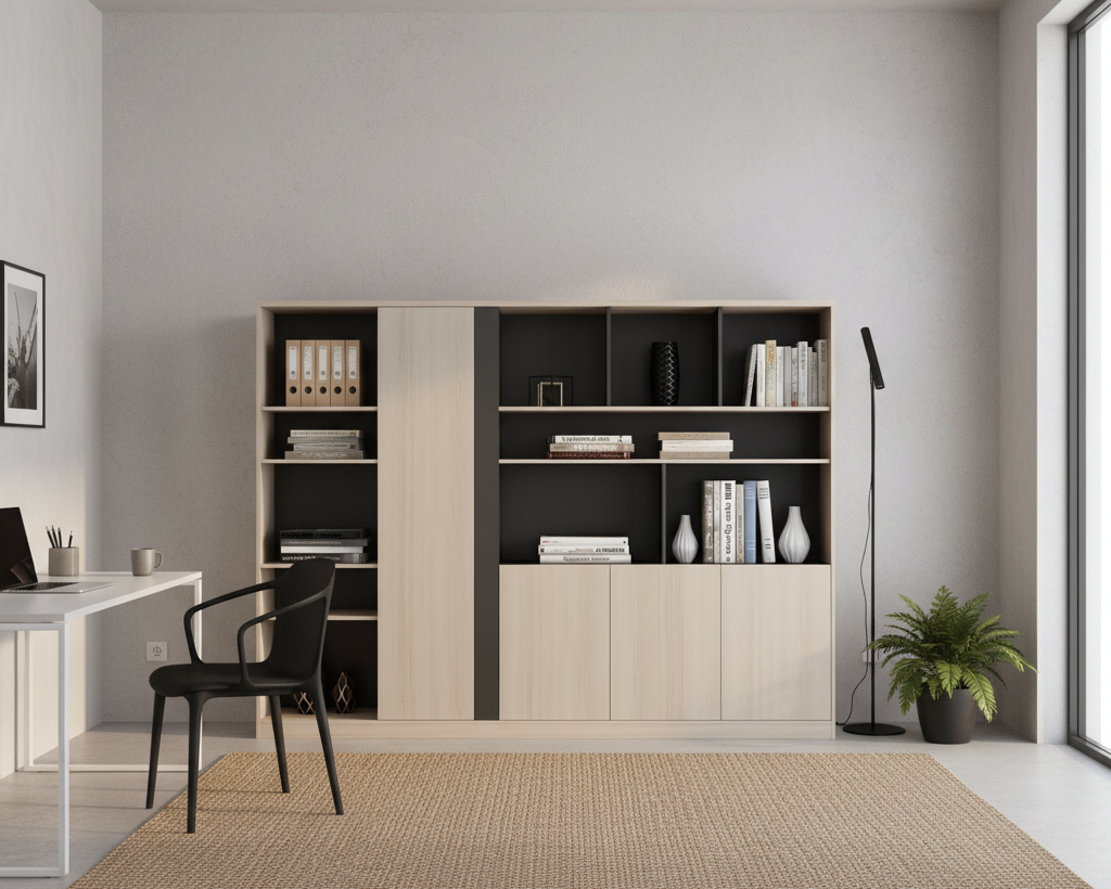 Cabinet with Integrated Vertical Wardrobe, Multi-Tier Open Bookcase Shelves, Storage in Premium Light Oak and Matte Slate Grey