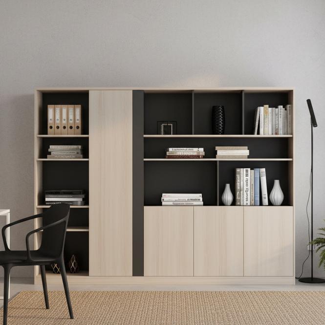 Cabinet with Integrated Vertical Wardrobe, Multi-Tier Open Bookcase Shelves, Storage in Premium Light Oak and Matte Slate Grey