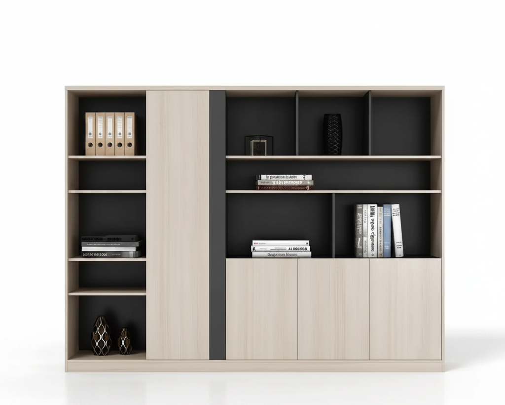 Cabinet with Integrated Vertical Wardrobe, Multi-Tier Open Bookcase Shelves, Storage in Premium Light Oak and Matte Slate Grey