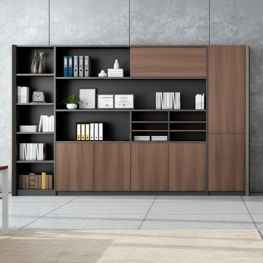 Grand Executive Wall Storage System with Multi-Tier Open Bookshelf, and Four-Door Lower Storage Cabinets for the office Furniture
