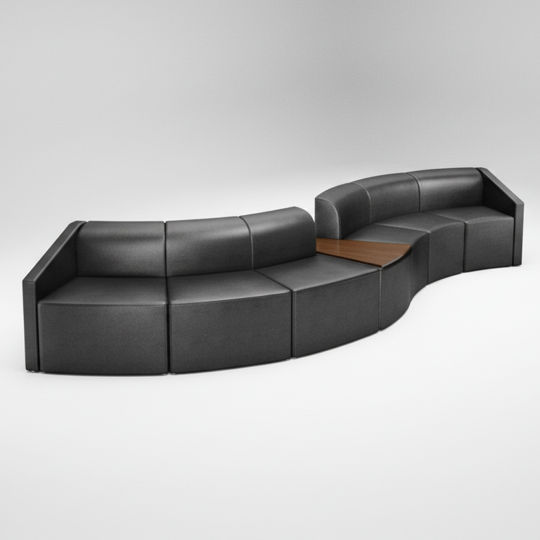 Modular Sectional Sofa with Integrated Wood Wedge Table, Premium Channeled Black Leather Office Lounge Seating, Contemporary Curved Sofa for Lobbies