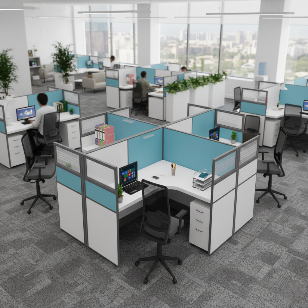 Modern 4-Seater Cubicle Workstation with Partition Panels & High Quality, Durable Workstation
