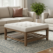 সেগুন কাঠের তৈরি অটোমান ফুট রেস্ট, কাপড় এবং টাফ্টেড ডিজাইন ৪০x৪০x১৯" দিয়ে তৈরি।