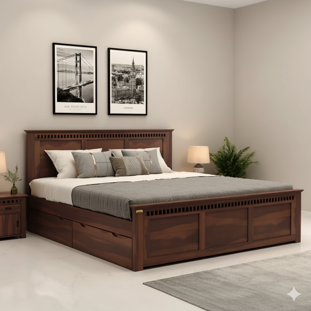 King‑size Sheesham wood bed with stylish headboard & hydraulic under‑bed storage, elegant walnut finish