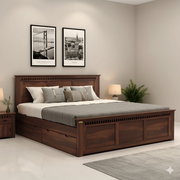 स्टाइलिश हेडबोर्ड और हाइड्रोलिक अंडर-बेड स्टोरेज के साथ किंग-साइज़ शीशम की लकड़ी का बिस्तर, सुरुचिपूर्ण अखरोट की फिनिश