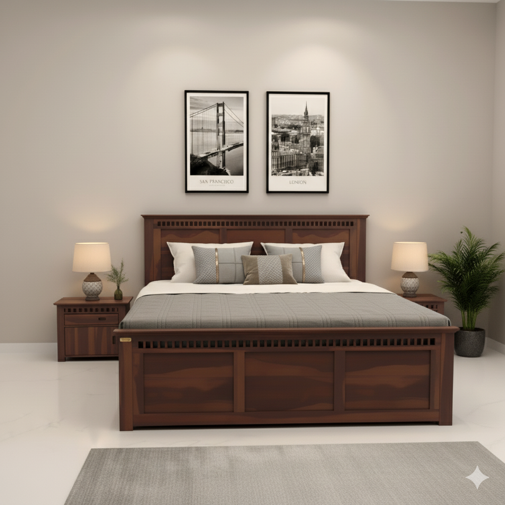 स्टाइलिश हेडबोर्ड और हाइड्रोलिक अंडर-बेड स्टोरेज के साथ किंग-साइज़ शीशम की लकड़ी का बिस्तर, सुरुचिपूर्ण अखरोट की फिनिश
