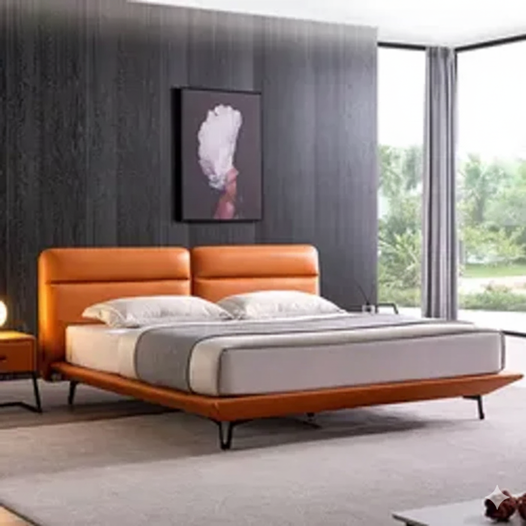 Luxury Leatherette Upholstered Bed – Solid Teakwood & Plywood Structure, Layer, Sleek Finish without Storage