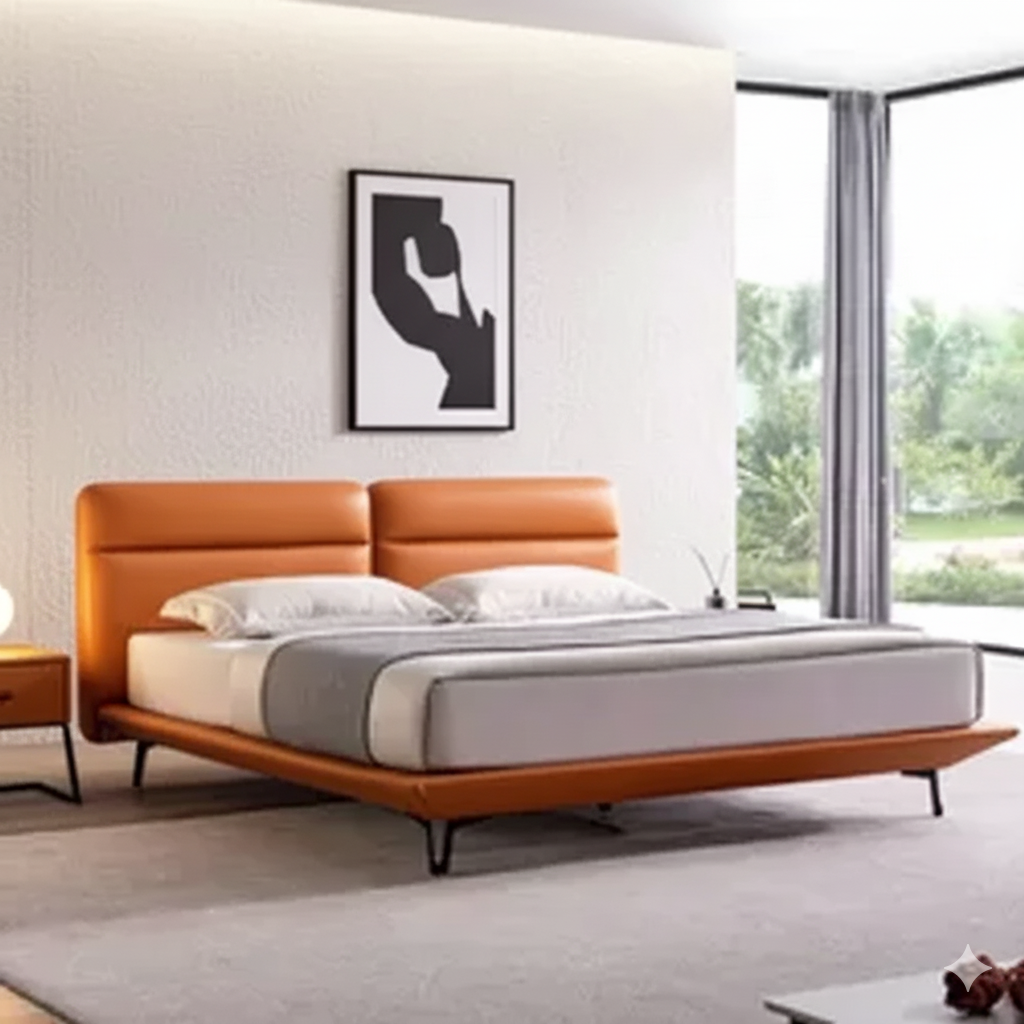 Luxury Leatherette Upholstered Bed – Solid Teakwood & Plywood Structure, Layer, Sleek Finish without Storage