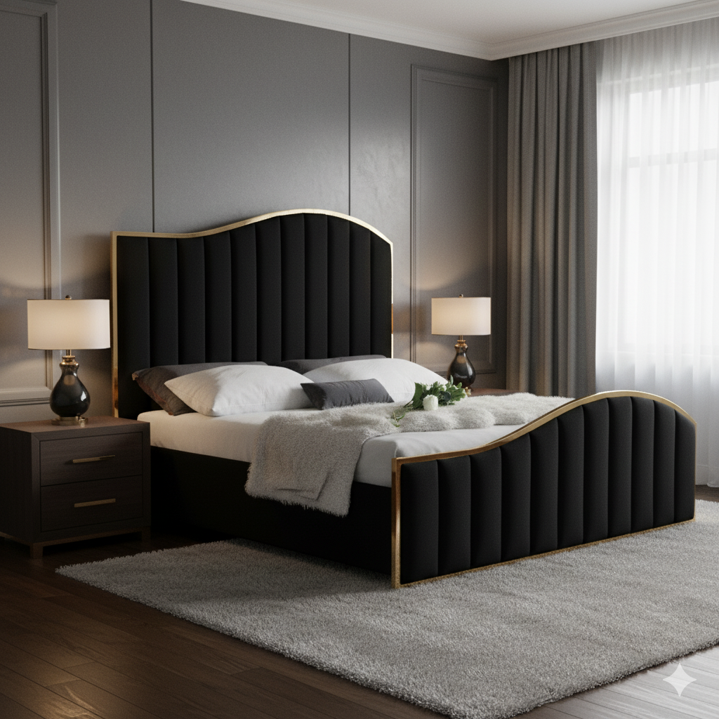 Modern Velvet King Size Bed – Plush Padded Headboard & Plywood Frame, without Storage