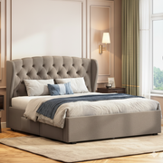 কিং সাইজের কাঠের বিছানা সম্পূর্ণরূপে গৃহসজ্জার সামগ্রীযুক্ত আধুনিক নকশা হাইড্রোলিক স্টোরেজ কাঠের ফ্রেম এবং সর্বোত্তম মানের জন্য প্রিমিয়াম ভেলভেট/সুয়েড রঙে সমাপ্ত