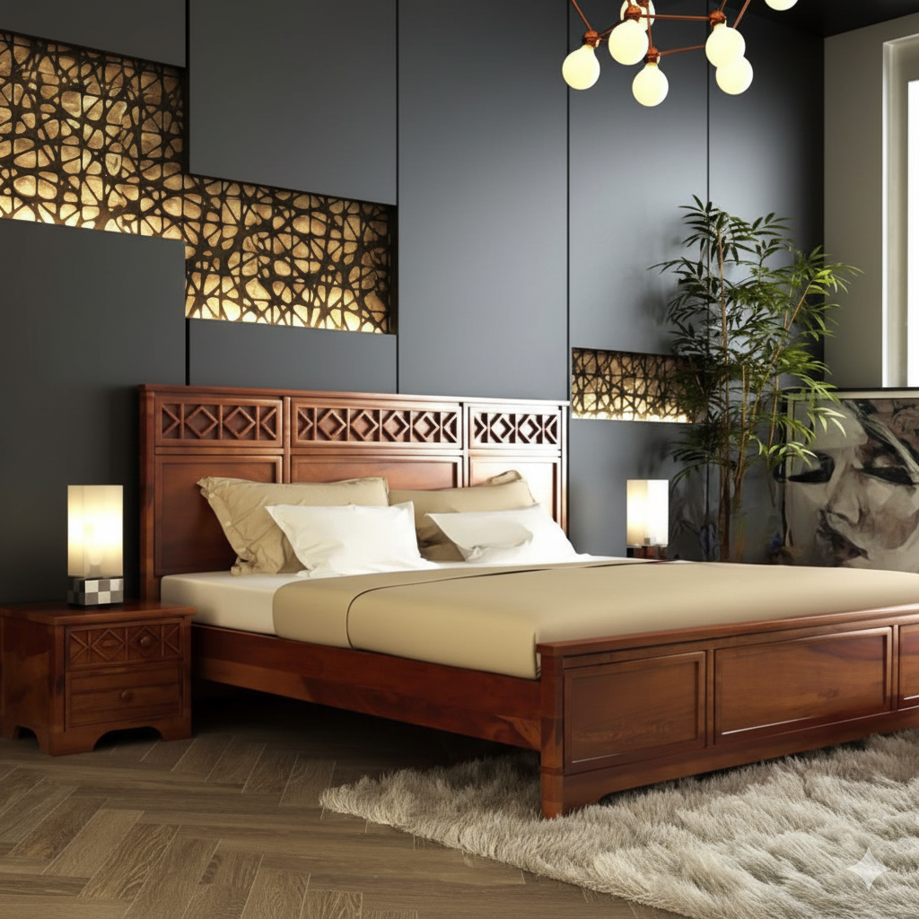 King Size Wooden Bed Solid Wood Frame with Premium Melamine Finish, Premium Craftsmanship for a Sophisticated Touch