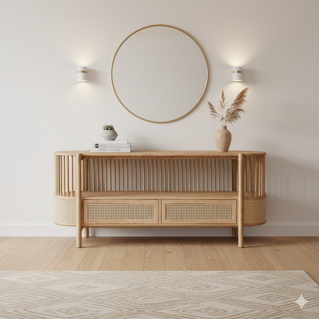 Wooden Console with Modern Rattan & Wood Console Cane Work Furniture