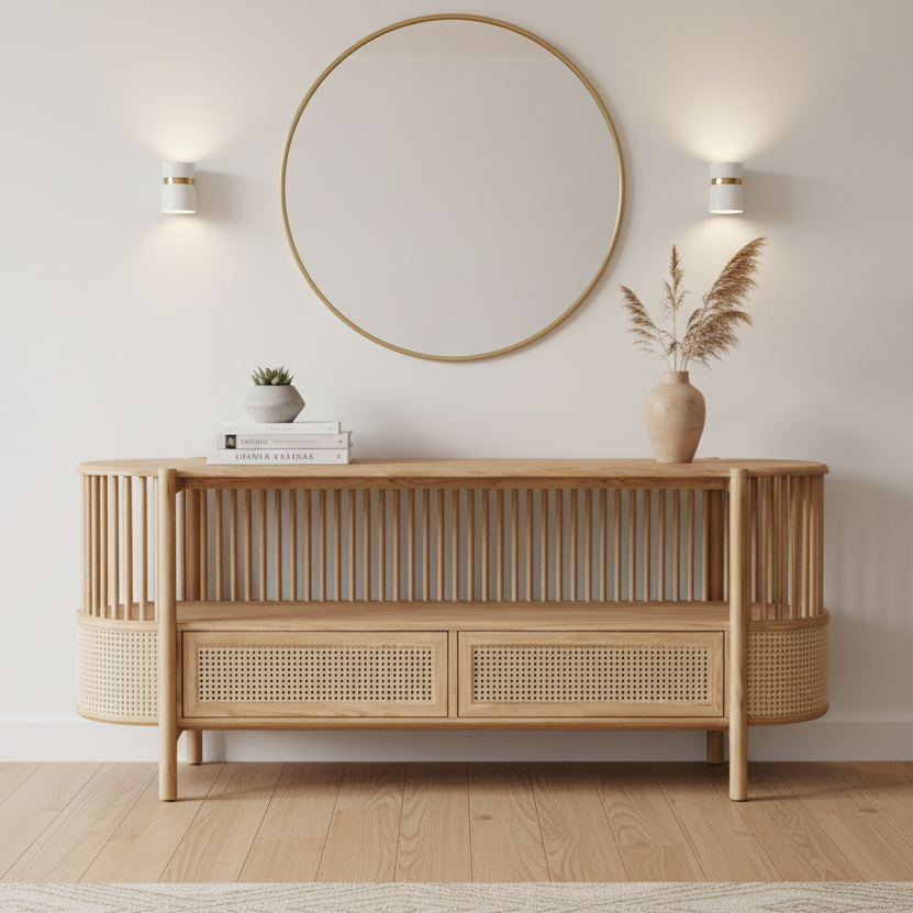 Wooden Console with Modern Rattan & Wood Console Cane Work Furniture