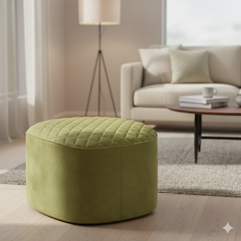 সবুজ কাপড়ের আসবাবপত্র এবং কাঠের বেস অটোমান