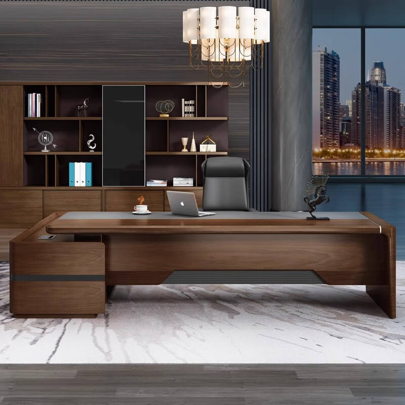 Modern Luxury Executive Office Desk with Side Credenza Storage, Walnut Wood Finish, Premium MDF Construction and Contemporary Workspace Design